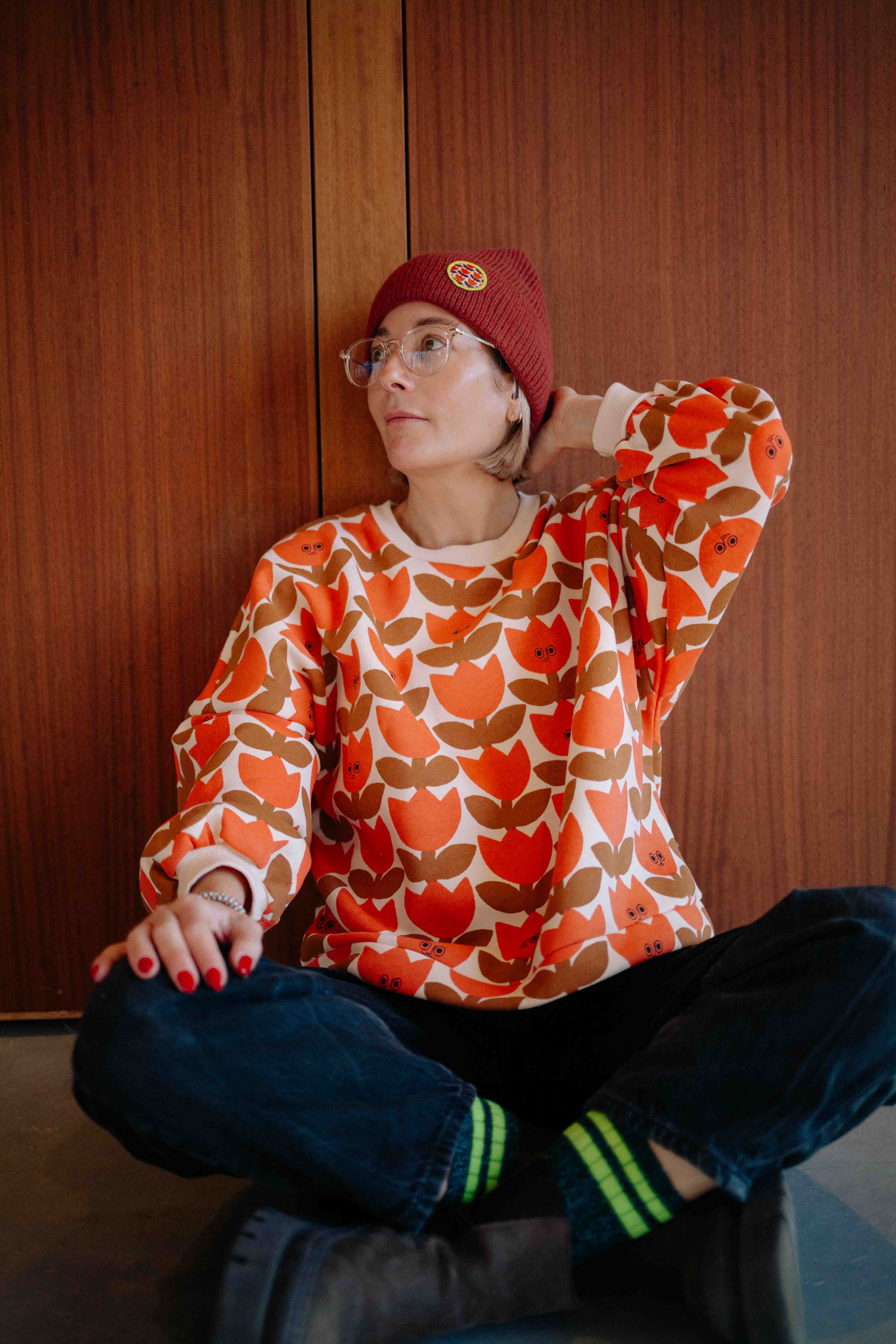 BONNET MARRON PATCH TULIPE ADULTE